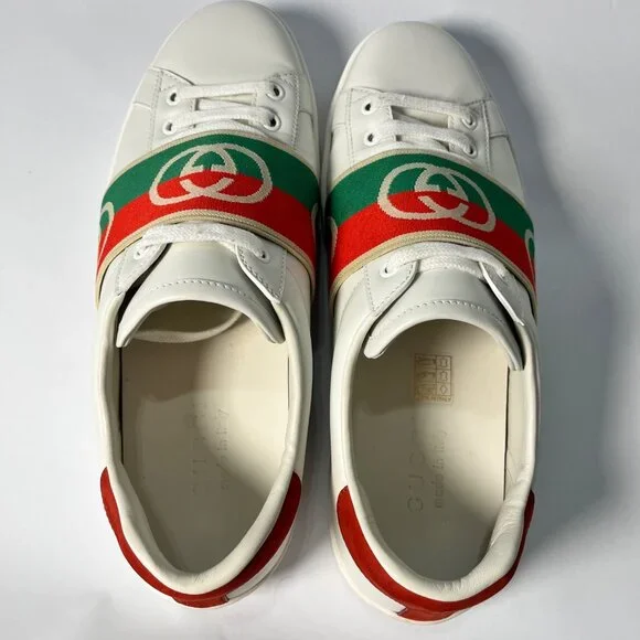 Authentic Gucci Ace White Leather Sneakers  Red & Green Logo Band Mens Size  7.5 - Picture 7 of 9